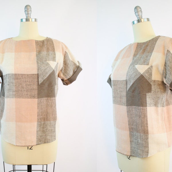 Vintage 90's Pink and Brown Plaid Top / Summer Blouse / Linen / Oversized / Women's Size Large/XL