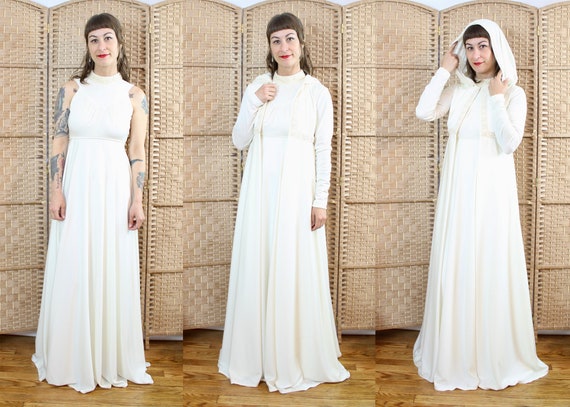 Vintage 70's Cream Maxi Dress with Hooded Jacket /