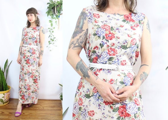 Vintage 90's Floral Linen Midi Dress / 1990's Mini