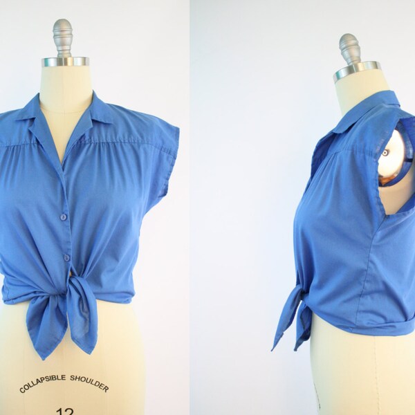 Vintage Blue Summer Blouse / Cotton Button Up Top / Cap Sleeve / Crop Top / Women's Size Medium