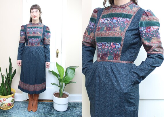 Vintage 70's Quilted Puff Sleeve Dress / 1970's Pa