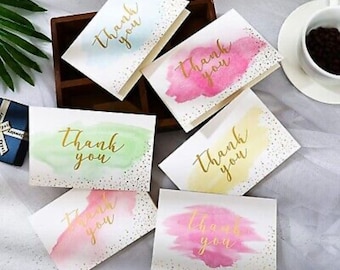 Tarjetas de agradecimiento - Acuarela y lámina dorada con sobres y pegatinas, 6 diseños - Paquete de 6 o 12 para pedidos de Etsy de pequeñas empresas