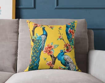 Peacock throw pillow cover blue yellow pillow cover decorative pillow cover watercolor birds accent pillow  unique home decor bedroom