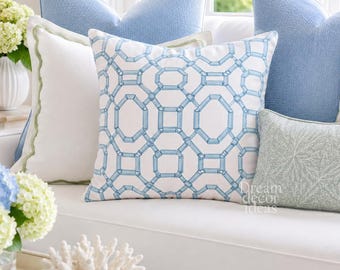 Chinoiserie throw pillow cover vintage case grandmillennial home decor asian living room decor pale blue white bamboo trellis oriental