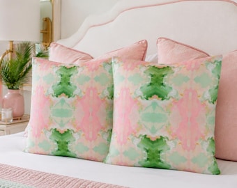 Mirrored art throw pillow cover pastel green pink watercolor pillow case abstract art college girl bedroom impressionist modern SKU 0023