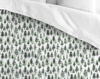 Pine trees Duvet cover, green Woodland bedroom decor, Christmas cabin decor