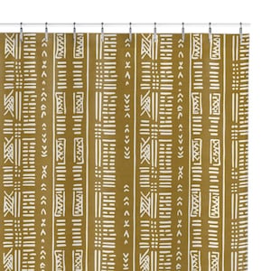 African Shower Curtain tribal Mustard Yellow white Bathroom Decor Ethnic mud cloth boho ethno pattern bohemian minimalistic