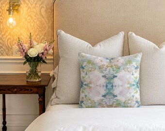Mirrored art throw pillow cover blue sage green watercolor pillow case abstract art home decor college girl bedroom impressionist modern