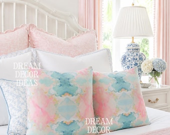 Mirrored art throw pillow cover pastel blue pink watercolor pillow case abstract art home decor college girl bedroom impressionist SKU 0012