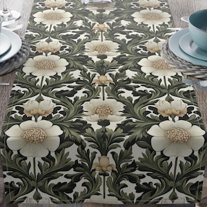 Art nouveau Table Runner vintage flowers table decor elegant kitchen decor victorian green white housewaming gift arts and crafts  regency