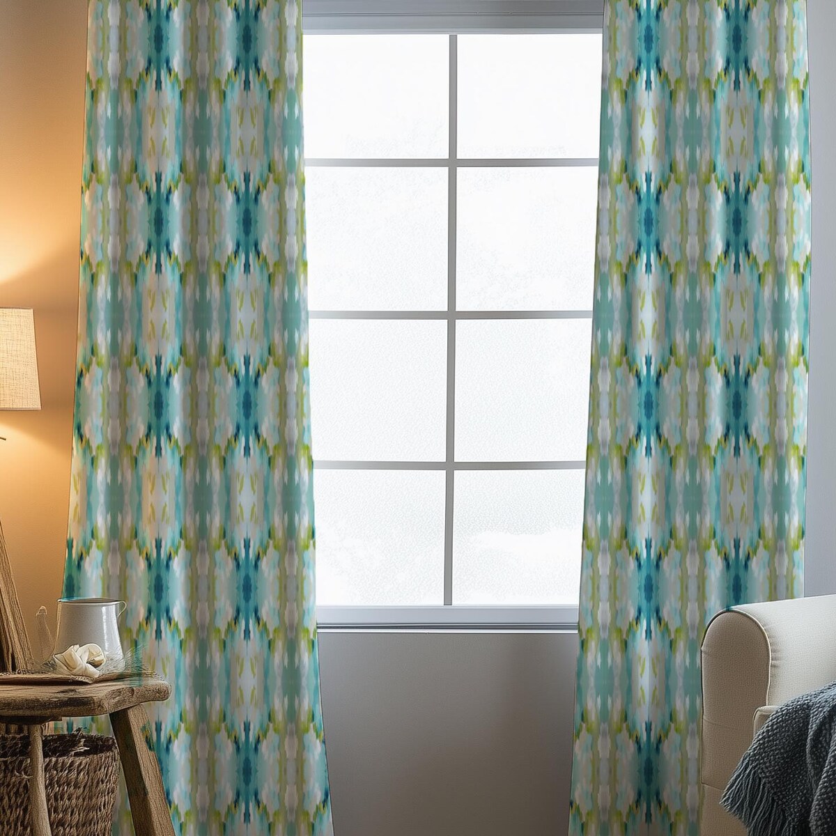 Mirrored art Window Curtains preppy home decor chartreuse green teal blue watercolor ikat kaleidoscope bedroom curtains teen dorm pastel