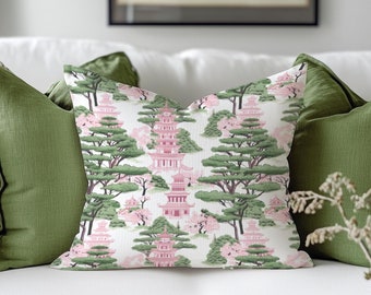 Chinoiserie Pagoda Pillow Cover: Blush Pink Asian Decor