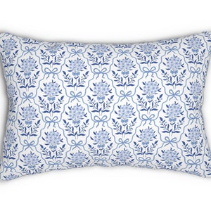 Grandmillennial Lumbar Throw Pillow blue flowers bow lumbar pillow floral home decor green blue white bedroom decor vintage regency scallope