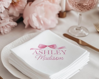 Personalized pink bow Baby shower cocktail napkins  blush ribbon paper napkins set white coined napkins custom Bridal shower baby girl