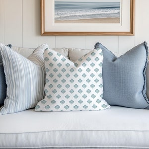 Block print throw pillow cover retro coastal green flowers pillow case regency pillow cover vintage accent pillow cottagecore grandmillenial