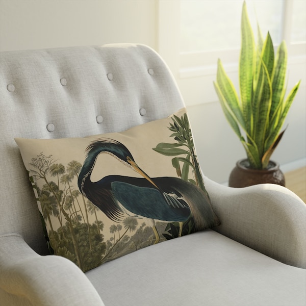 Heron Lumbar Throw Pillow vintage heron lumbar pillow vintage home decor birds bedroom decor vintage bird accent pillow eclectic retro