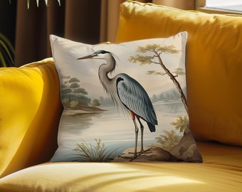 Vintage heron bird throw pillow cover botanical pillow case retro art home decor victorian bedroom decor botanical accent pillow beige