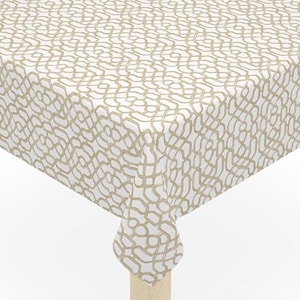May include: A square table covered with a white tablecloth featuring a repeating tan geometric pattern of interconnected lines. The text DREAM DECOR IDEAS is printed in white on the right side of the tablecloth. The table has four light wood legs.