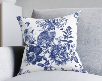 Vintage hare throw pillow cover blue white pillow case vintage home decor rabbit bedroom decor hare accent  animal elegant gandmillennial