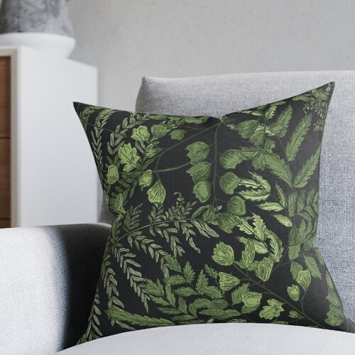 Botanical Throw Pillow Cover Green Black Pillow Cover Greenery Etsy