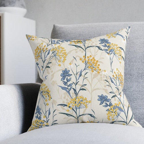 Floral Throw Pillow Cover Blue Yellow Pillow Cover Decorative Etsy