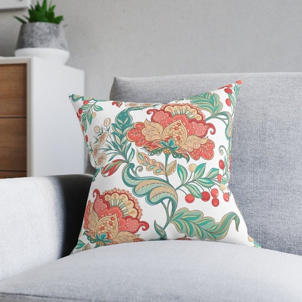 Floral throw pillow cover coral flowers pillow cover decorative pillow cover modern accent pillow green coral  botanical kitchen decor