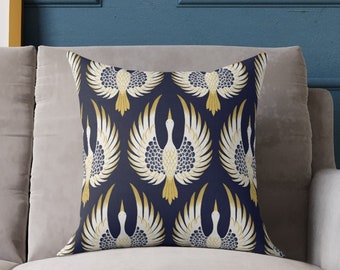 Japanese throw pillow cover crane pillow cover oriental home decor gold navy blue bedroom decor vintage accent pillow  16x16 18x18 20x20