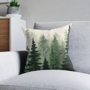 Woodland throw pillow cover, modern art pillow case, watercolor home decor, green forest bedroom, pine trees accent pillow cabin decor