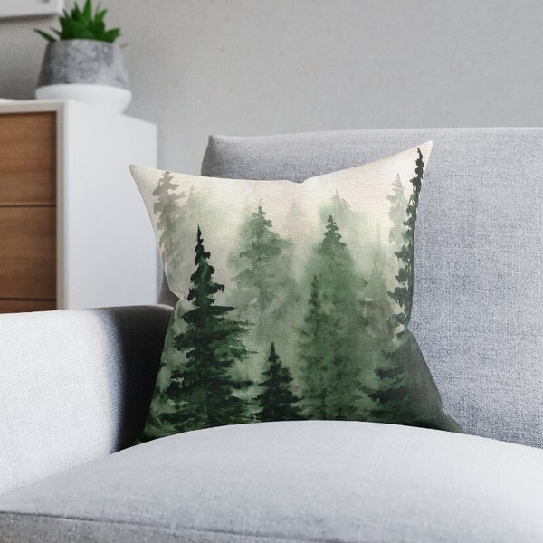 Woodland throw pillow cover modern art pillow case watercolor home decor green forest bedroom decor pine trees accent pillow cabin decor