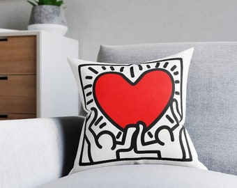Keith Haring inspired throw pillow abstract art pillow cover cartoon accent pillow abstract people red heart pop art 14x14 16x16 18x18 20x20