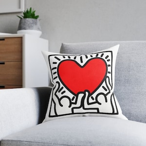 Keith Haring inspired throw pillow abstract art pillow cover cartoon accent pillow abstract people red heart pop art 14x14 16x16 18x18 20x20