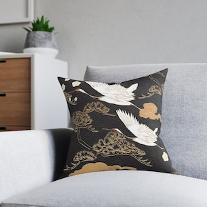 Japanese throw pillow cover crane pillow cover japanese home decor gold dark grey bedroom decor modern accent pillow 14x14 16x16 18x18 20x20