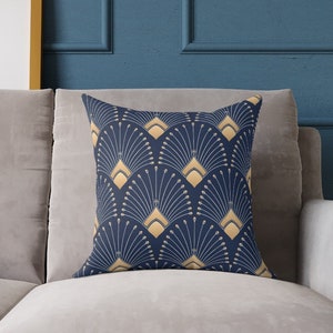 Art deco throw pillow cover navy pillow case elegant home decor dark blue gold bedroom decor vintage accent pillow art nouveau home decor