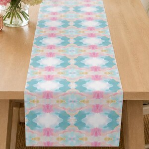 Abstract Watercolor Table Runner: Blue Blush Pink Kitchen Decor SKU 0021