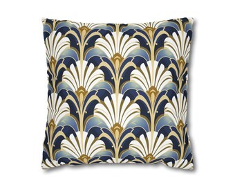 Art Deco Throw Pillow Cover: Gold, Cream & Blue Accent Pillow