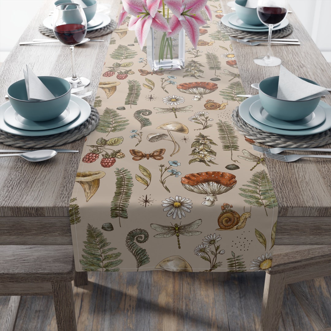 Woodland Table Runner Mushroom Table Decor Forest Fern Leaves Etsy