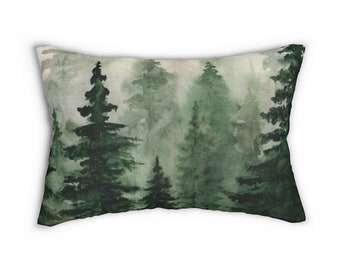 Woodland Lumbar Throw Pillow, watercolor forest lumbar pillow green home decor boho bedroom decor pine trees accent pillow home office decor