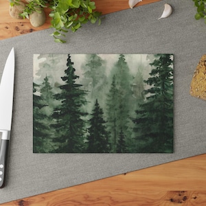 Woodland Glass Cutting Board watercolor pine trees kitchen decor green forest Charcuterie Board winter fall Tempered Glass Chopping Board