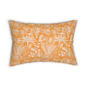 Tropical Lumbar Throw Pillow orange lumbar pillow botanical home decor exotic plants leaves bedroom decor urban jugnle plants lover gift