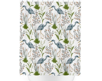 Heron Shower Curtain vintage bathroom decor white green blue shower curtains bird bathroom decor botanical bathtube designer nature