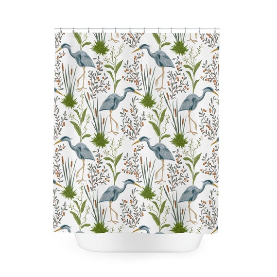 Heron Shower Curtain vintage bathroom decor white green blue shower curtains bird bathroom decor botanical bathtube designer nature