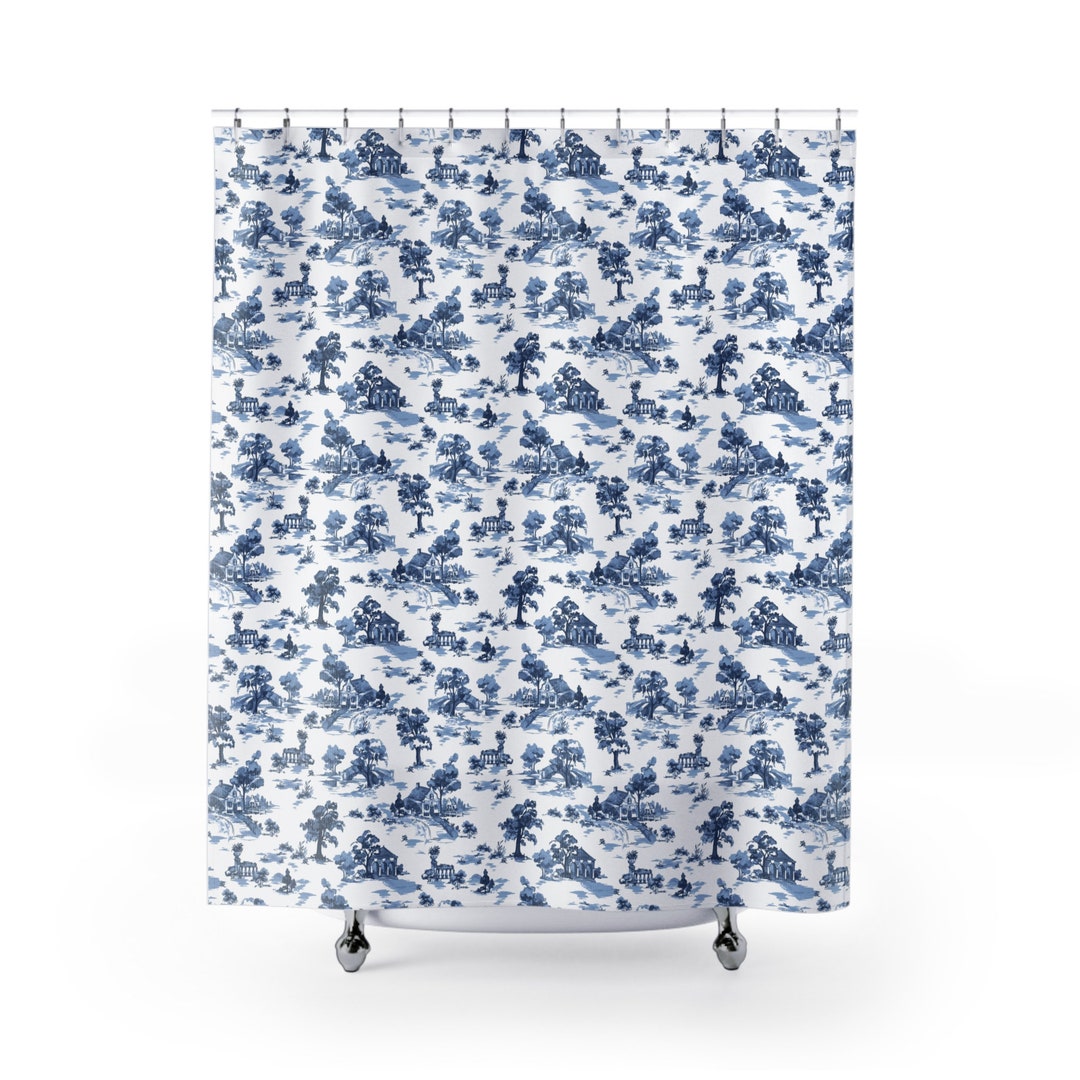 Toile Shower Curtain Cottagecore Bathroom Decor Blue White Shower