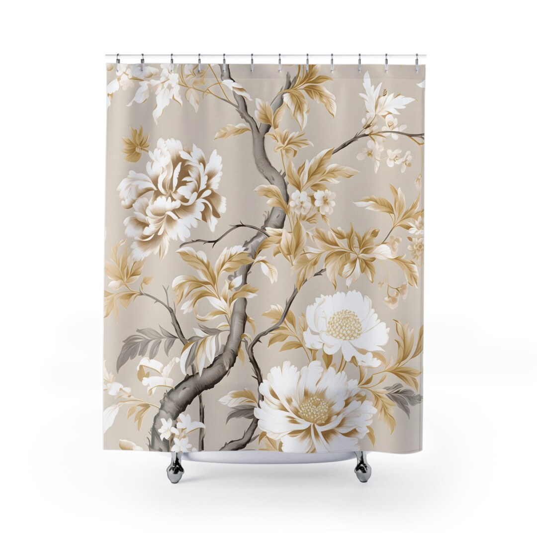 Chinoiserie Shower Curtain Vintage Bathroom Decor Beige White Flowers