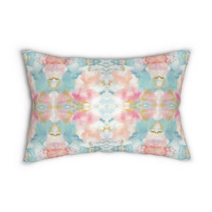 Abstract art Lumbar Throw Pillow watercolor lumbar pillow blue yellow pink home decor kaleidoscope dorm bedroom mirrored pastel college