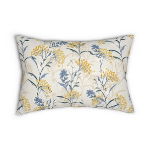 Botanical Lumbar Throw Pillow wild flowers lumbar pillow farmhouse spring home decor blue yellow bedroom decor vintage botany accent pillow