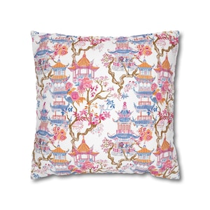 Chinoiserie throw pillow case pink blue orange pillow cover pagoda pillow cushion chinese accent dorm college vintage asian preppy