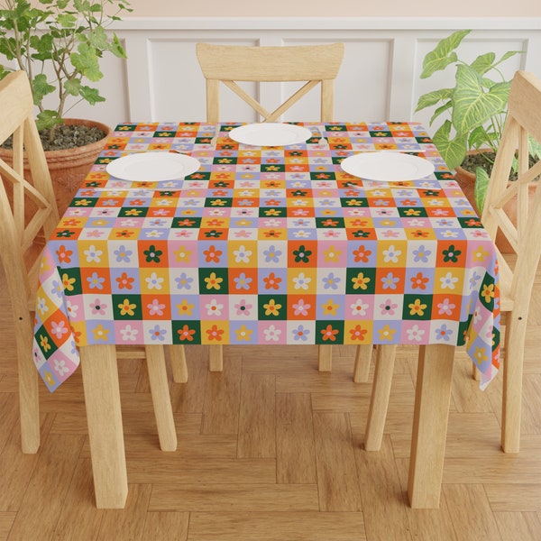 Retro flowers Tablecloth 70s 60s vintage home decor orange green pink yellow kitchen funky table cloth mid century dining room groovy