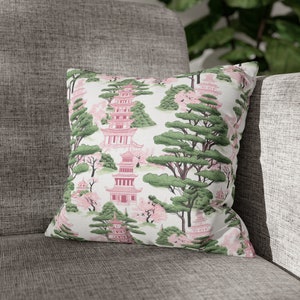 Chinoiserie throw pillow case blush pink white green pillow cover pagoda pillow cushion chinese accent pillow cover vintage asian home decor