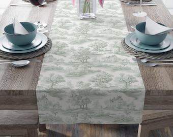 Sage Green Toile Table Runner: French Cottage Decor