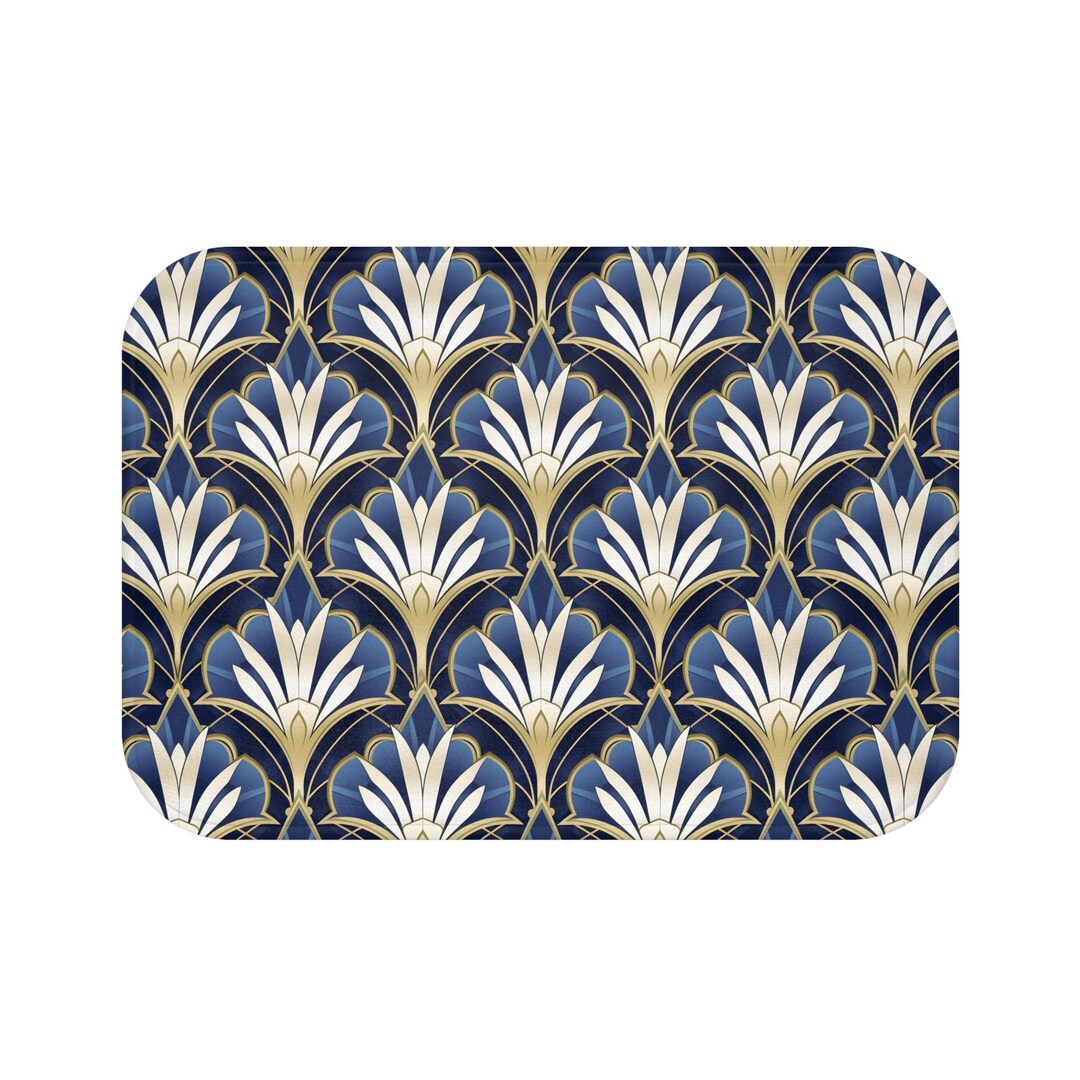 Art Deco Bath Mat Navy Blue Gold White Bath Mats Geometrical Flowers